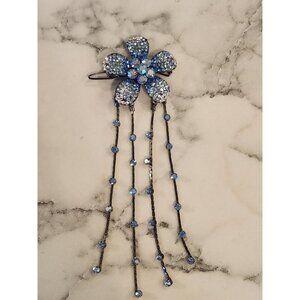 Elegant Blue Rhinestone Flower Hair Clip Barrette With Dangling Strands
